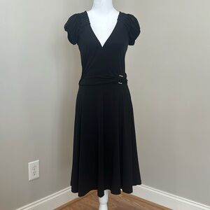 Black V-Neck Dress with Faux-Wrap Torso, Buckle Detail & Short-Puffed Sleeves